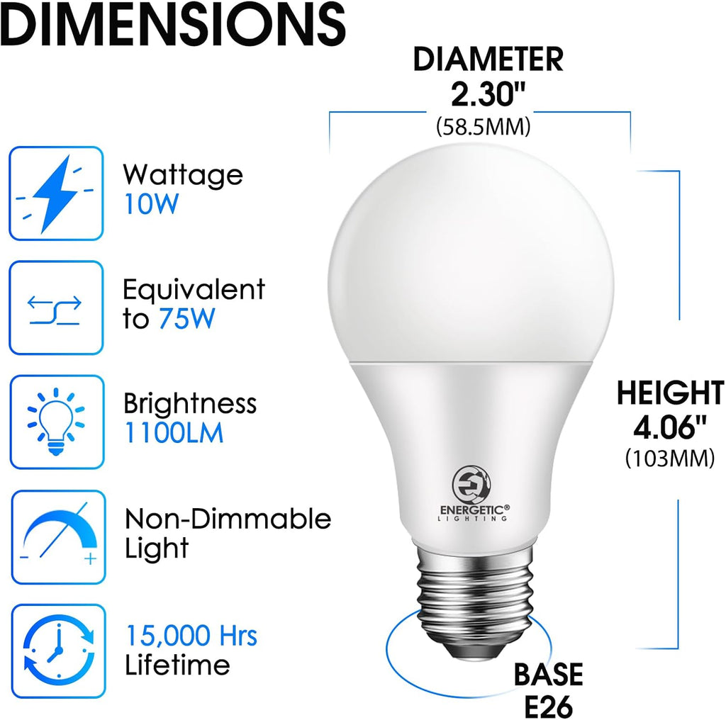 Energetic A19 Light Bulbs 75 Watt Equivalent, 1100LM Super Brightness, Daylight 5000K, E26 Standard Base