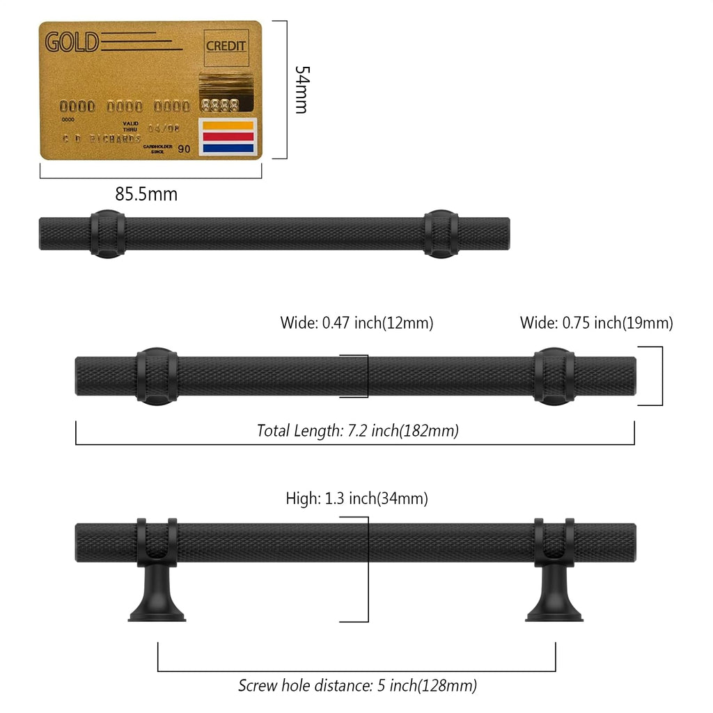 10 Pack 5"(128mm) Black Knurled Cabinet Handles Kitchen Matte Black Pulls for Cabinets Drawer Pulls Dresser Hardware