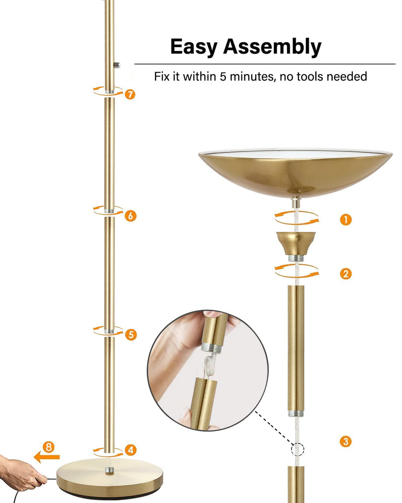 Torchiere Floor Lamp Gold, 30W Super Bright LED Standing Lamp, 3000K Stepless Dimmable Pole Lamp with Rotary Switch