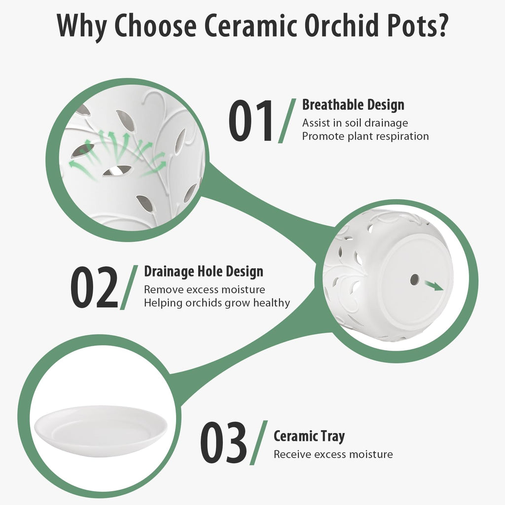 Orchid Pots with Holes, 7 Inch Orchid Pots with Drainage Holes and Tray, Indoor or Outdoor Ceramic Flower Pot for