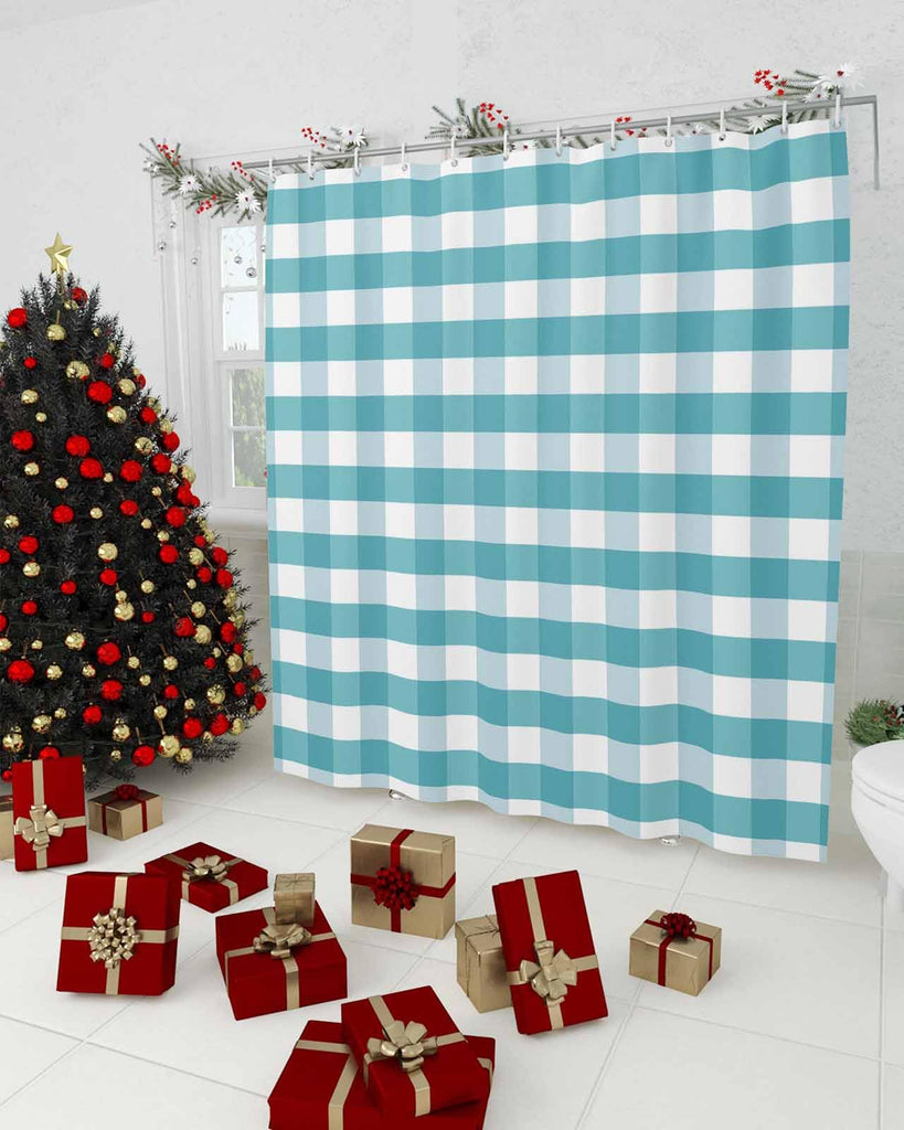 Rustic Teal White Buffalo Check Plaid Pattern, Farmhouse Shower Curtains Set with Hooks, Waterproof Fabric Bathroom