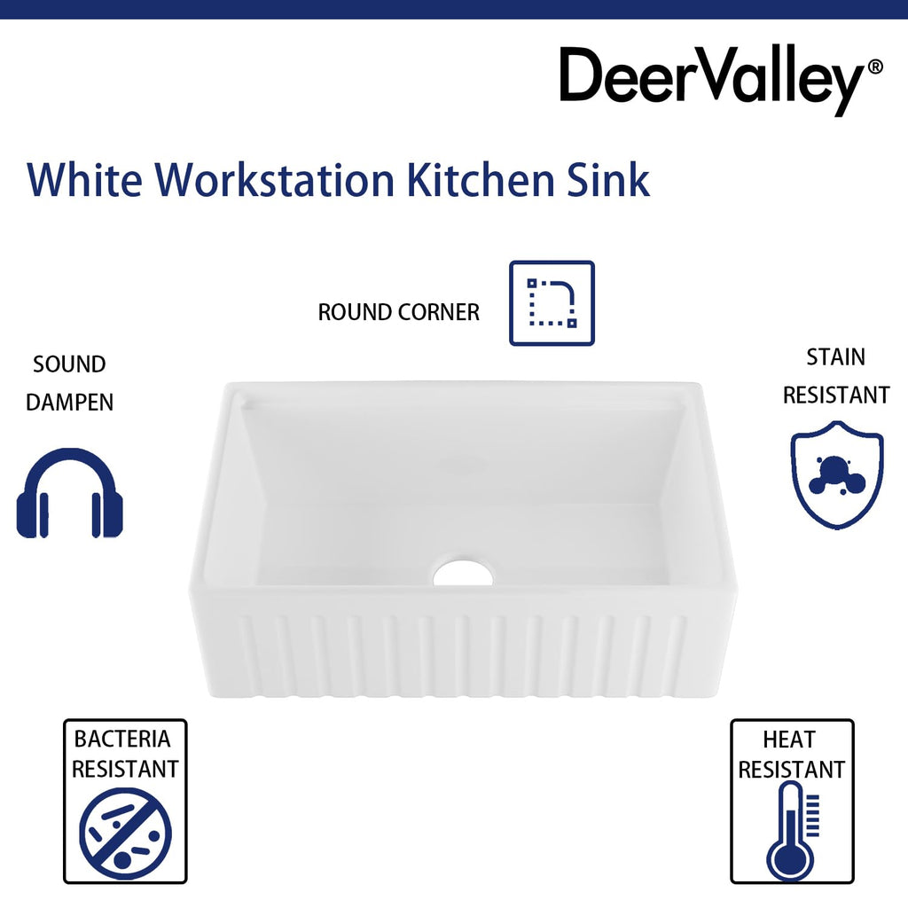 33 Inch White Ceramic Farmhouse Workstation Sink