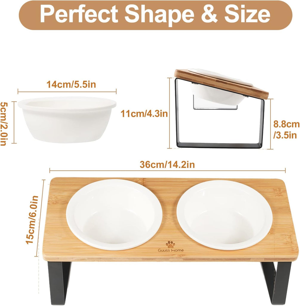Ceramic Elevated Cat Bowls Raised Puppy Dishes for Food and Water Tilted Wooden Stand for Indoor Cats 5.5 inch Wide