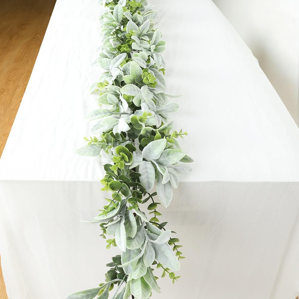 Greenery Garland Artificial Lambs Ear Garland Green Mantel Garland Vines - Set of 6