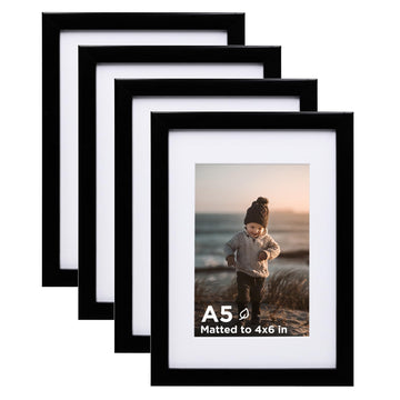 A5 Frame Set of 4, Wooden Photo Frame with Plexiglass for 4x6 Picture with Mat or A5 Without Mat, for Wall and
