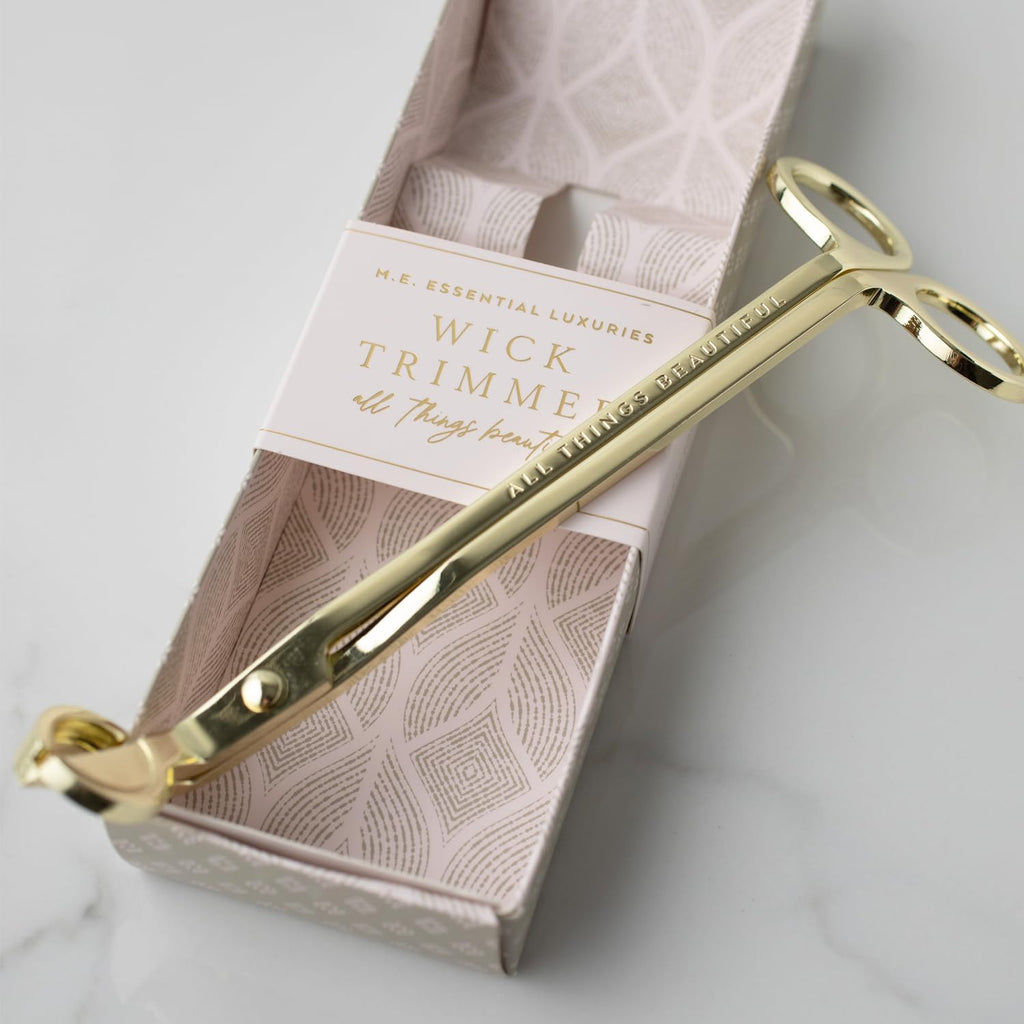 Essential Luxuries Wick Trimmer, Golden Candle Accessory Embossed with "All Things Beautiful", Elegant Candle Wick