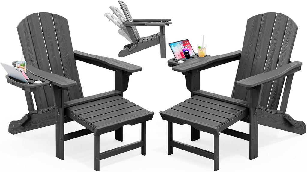 Folding Adjustable Adirondack Chair with Ottoman & 2 Cup Holders Set of 2, HDPE Adirondack Recliner Chair with