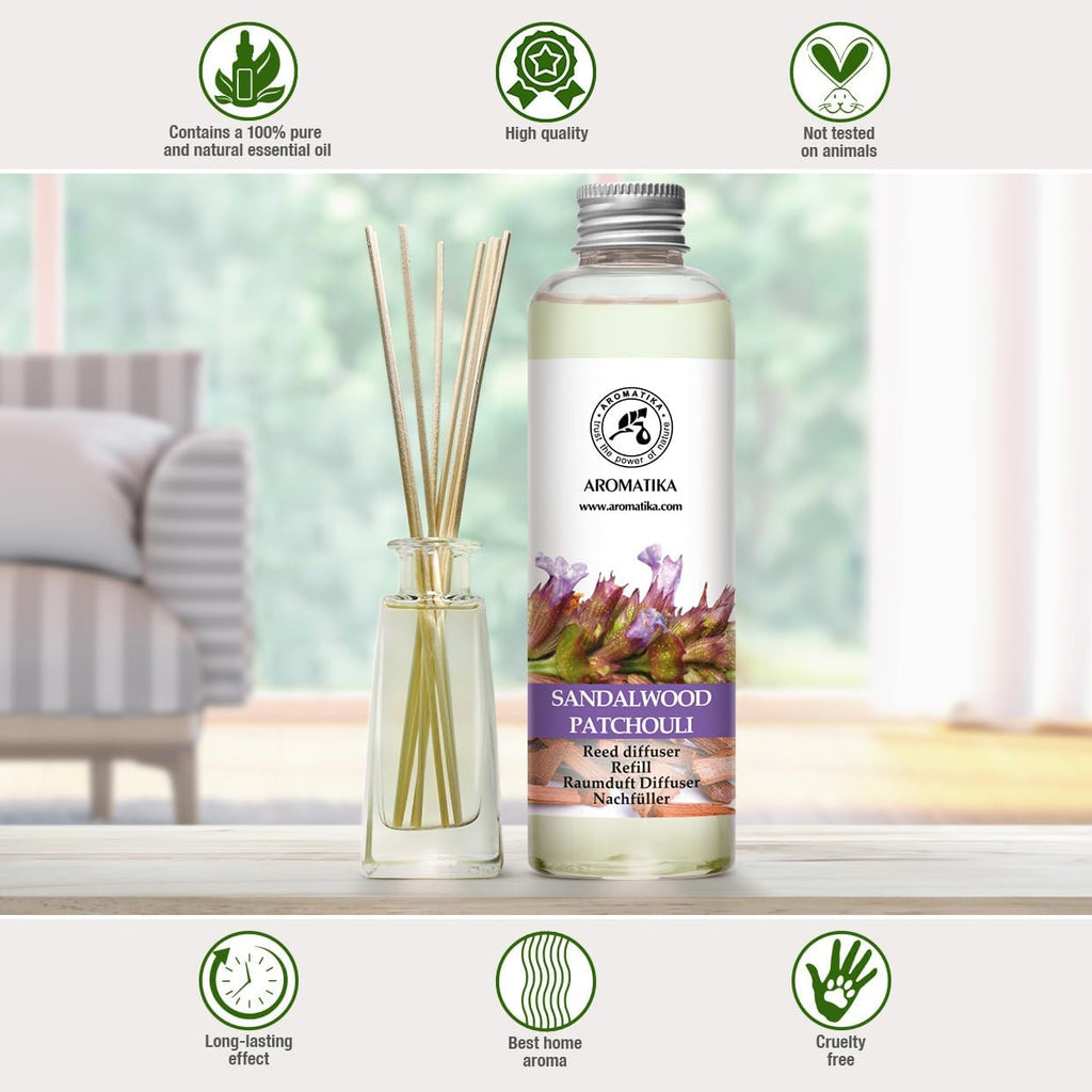 Reed Diffuser Refill Sandalwood & Patchouli 6.4 fl oz - Scented Refill with Essential Oils - Home & Office Fragrance - Set of 68