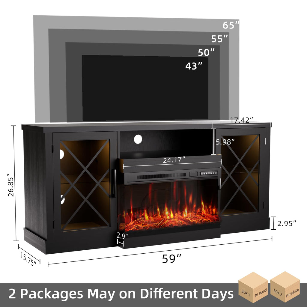 59" Fireplace TV Stand, 3 Sided Glass Fireplace Entertainment Center for TVs up to 70'' w/Storage Cabinet, Glass
