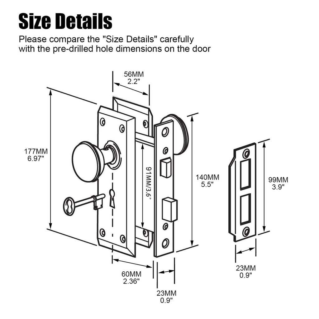 Mortise Lock Set for Interior Door with Crystal Glass Door Knobs