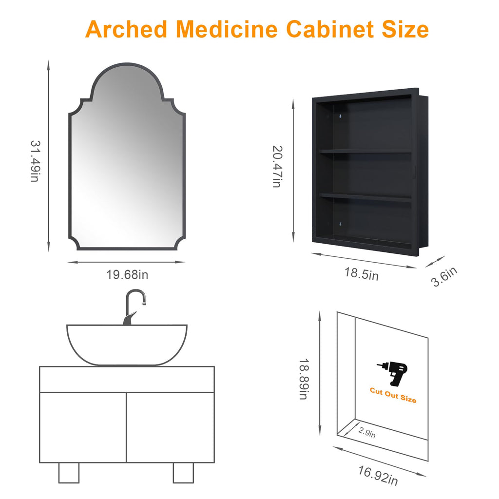 Black Decorative Medicine Cabinet Mirror, 20"x32" Recessed or Surface Mount Metal Irregular Medicine Cabinet