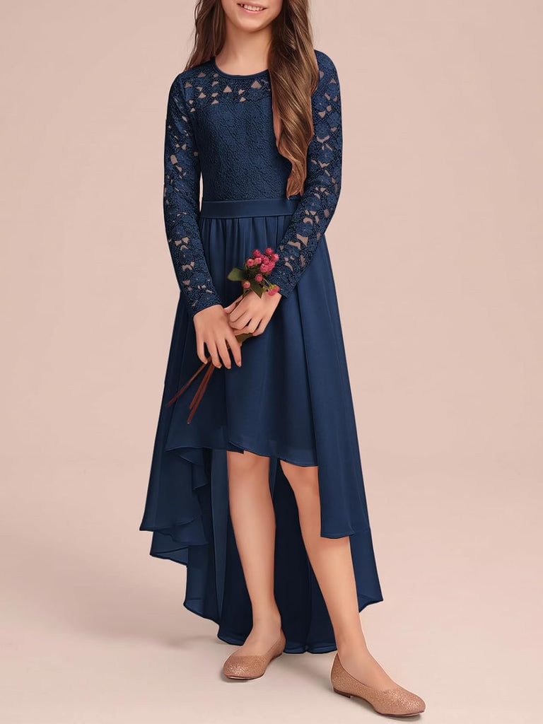 Girls Lace Chiffon High Low Flowy Dresses for Wedding Party