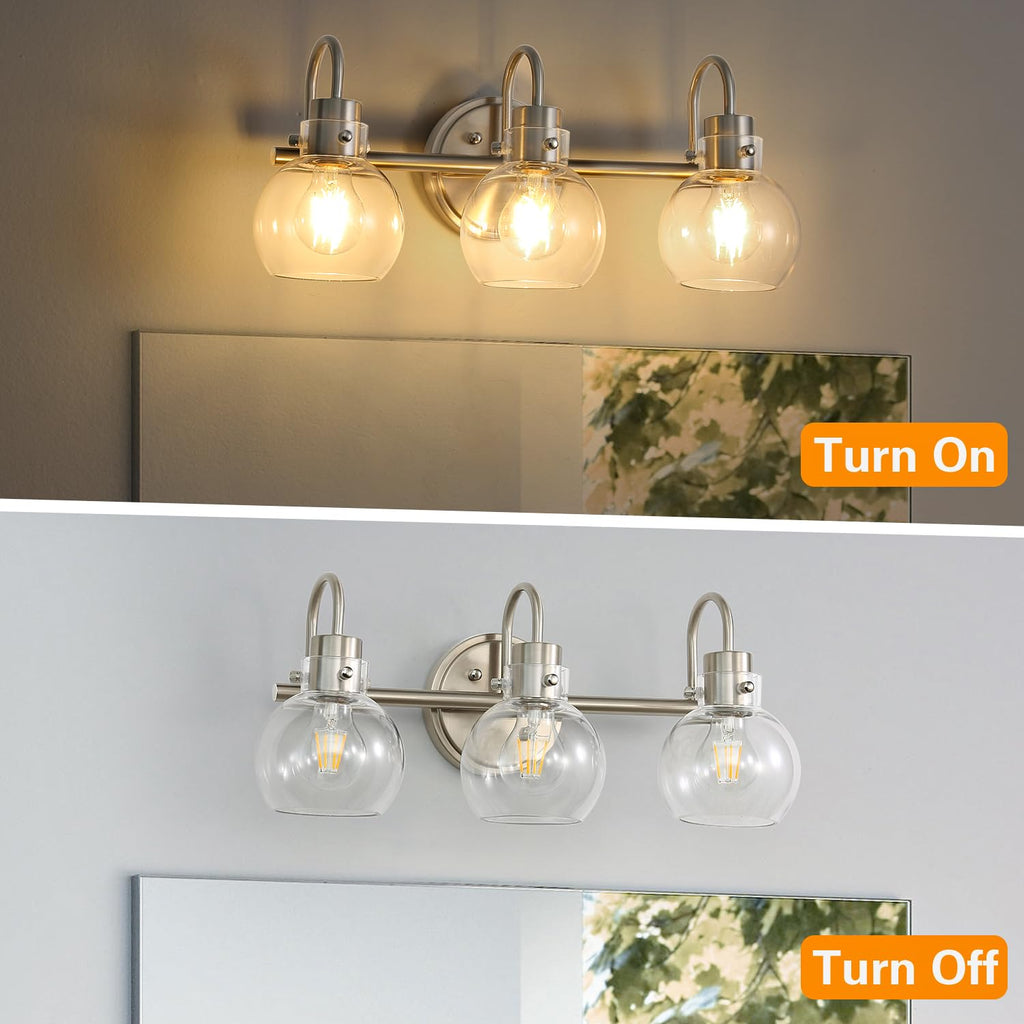 3 Lights Vanity Light, Brushed Nickel Bathroom Light Fixtures, Farmhouse Wall Sconces with Globe Clear Glass Shade