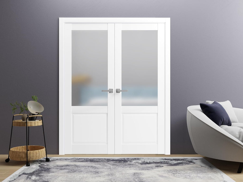 French Double Panel Lite Doors with Hardware | Lucia 22 White Silk with Frosted Opaque Glass | Panel Frame Trims