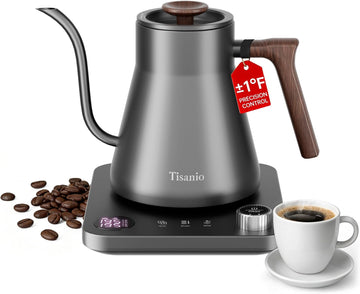Gooseneck Electric Kettle with Temperature Control, 0.9L, Gray Wood | ±1°F Precision Pour Over Kettle, LCD Dual