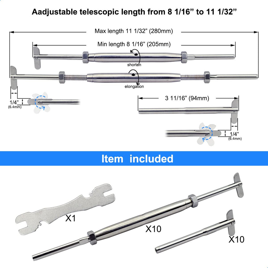 Stainless Steel Cable Railing Hardware Kit for Metal Posts 1/8 Cable Railing System, Drop Pin Turnbuckle 10 Pair