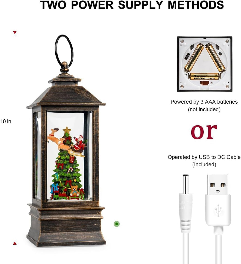 10.4" Christmas Snow Globe Flying Santa Around The Tree Water Lantern, Battery Operated or USB Powered Musical