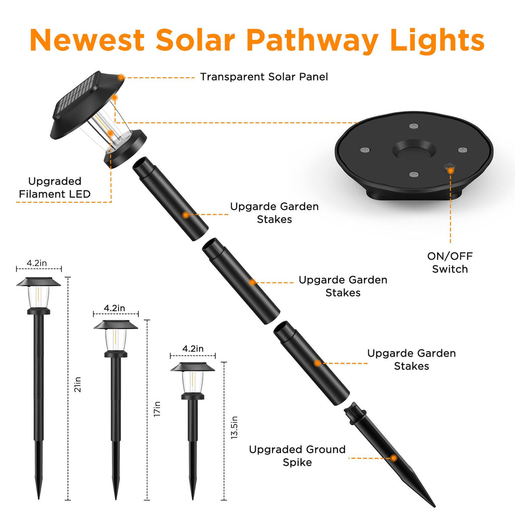 Solar Pathway Lights Outdoor, 8 Pack Warm White Tungsten Filament Solar Lights, 3 Lighting Modes, Auto On/Off, IP65