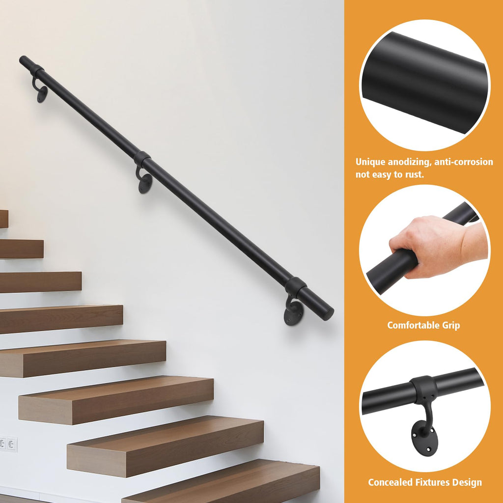 6.6ft Stair Railing Indoor Metal Hand Rails for Indoor Stairs 1.5" Pipe Stair Handrail Aluminum Wall Mounted