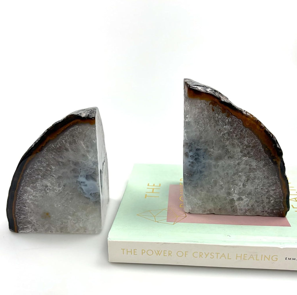 Natural Agate Geode Bookends - 3 to 4 lb Heavy Duty Rock Crystal Stone Book Ends for Shelves, with Rubber Bumpers