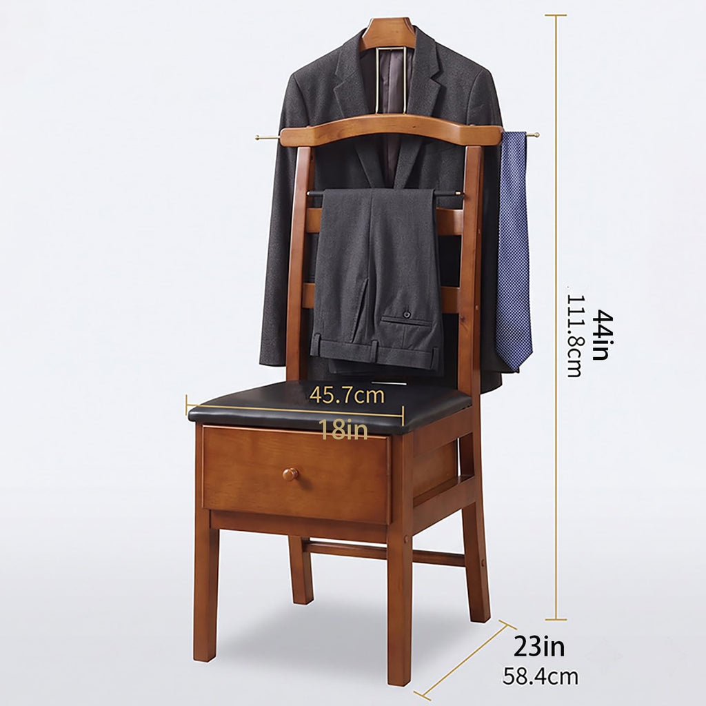 Wooden Chair Valet Stand with Contour Hanger and Drawer