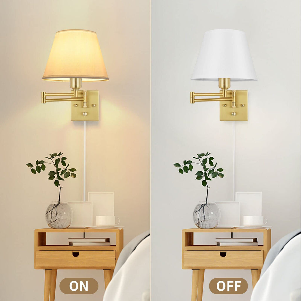 Wall Sconce Plug in, Brushed Brass Dimmable Wall Sconces Set of 2 Swing Arm Wall Lights with Plug in Cord and Dimmer
