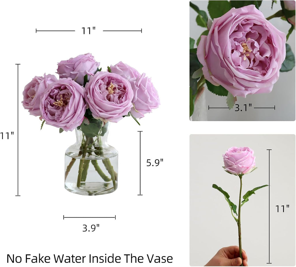 Purple Fake Peonies with Vase, Real Touch Peony Floral Arrangement Decor - Set of 6