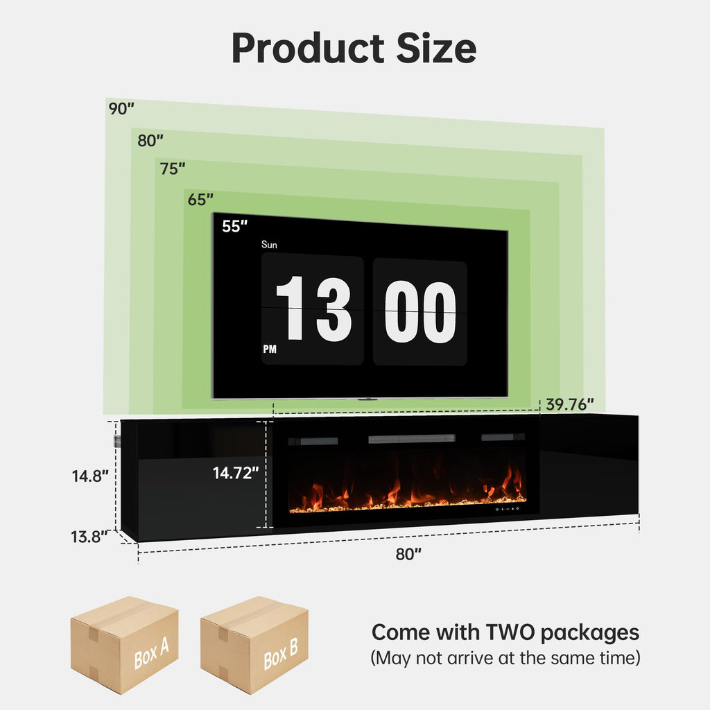 80" Floating TV Stand with 40" Electric Fireplace, All Black