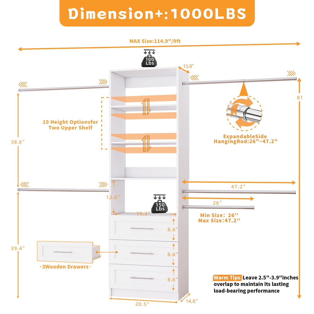 Closet System with Drawers, 4FT-9FT Modular Closet Organizer System with 4 Expandable Hanging Rods Adjustable Wooden