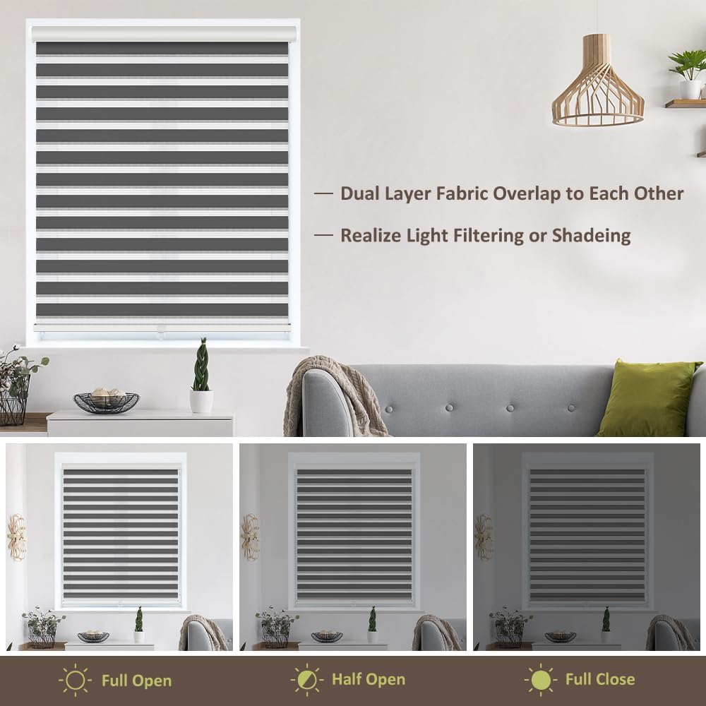 Zebra Blinds Roller Shades Cordless Window Blinds with Valance Cover, Day and Night Sheer Shades Dual Layer Fabric