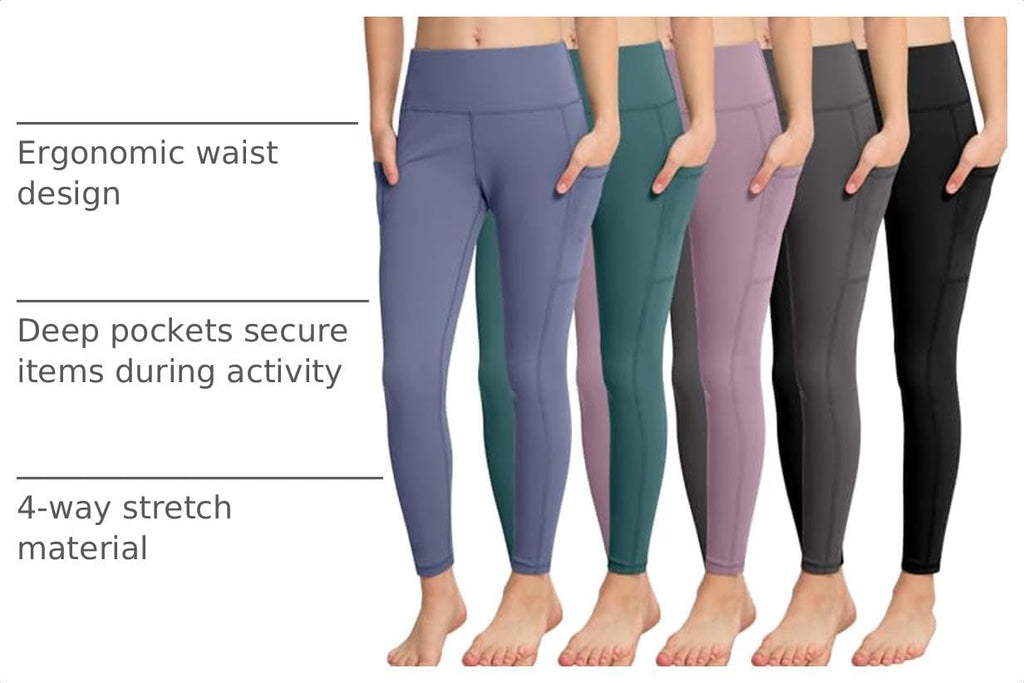 Girls' Athletic Leggings with Pockets, 5 Packs Kids Teen Dance Yoga Workout Running Pants