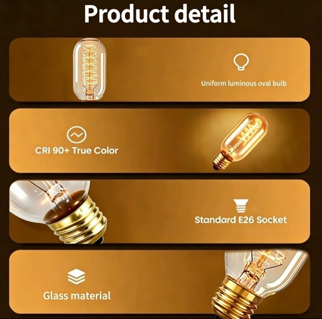 Edison Bulbs,Vingtage Filament Light Bulb,T45 2700K Warm Light 40 Watt,110V-130V E26/E27 Base Dimmable Decorative