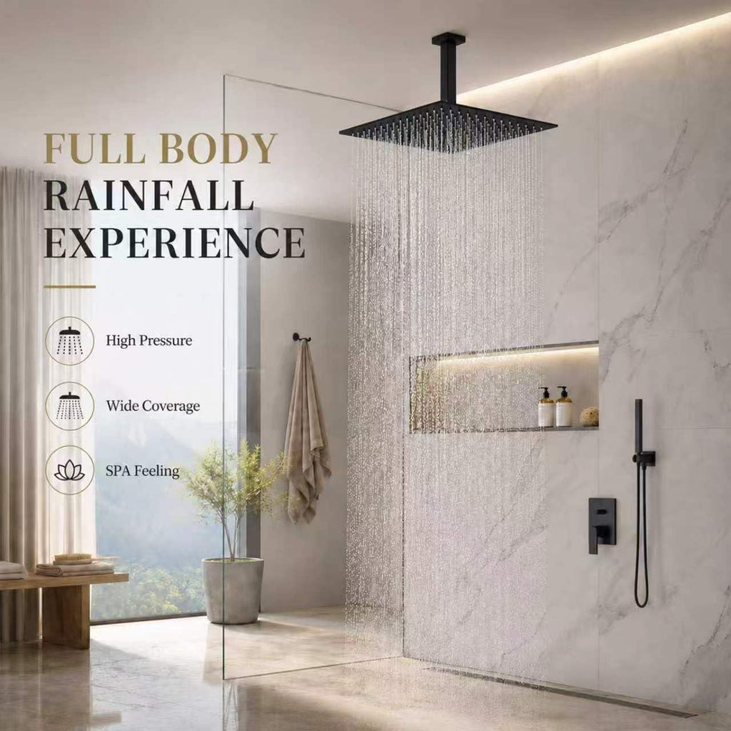 Black Rainfall Shower Head 16 Inch Square Ceiling Mounted Showerhead, Ultra Thin Stainless Steel Overhead Shower