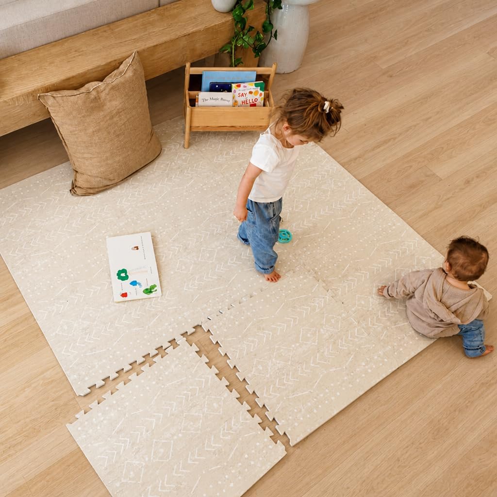 Play Mat for Floor - 6x8ft Beige | Soft Non Toxic Premium EVA Foam Tiles for Tummy Time, Crawling & Playroom