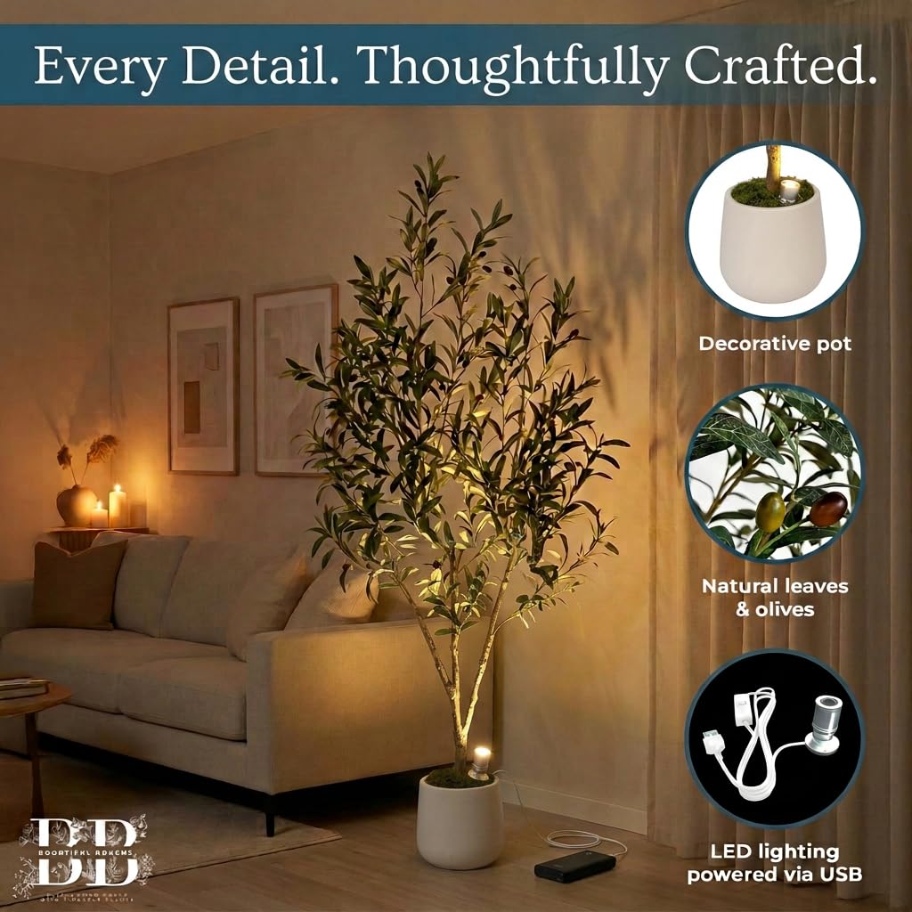 5ft Artificial Olive Tree with LED Light & White Pot - Fake Indoor Plant