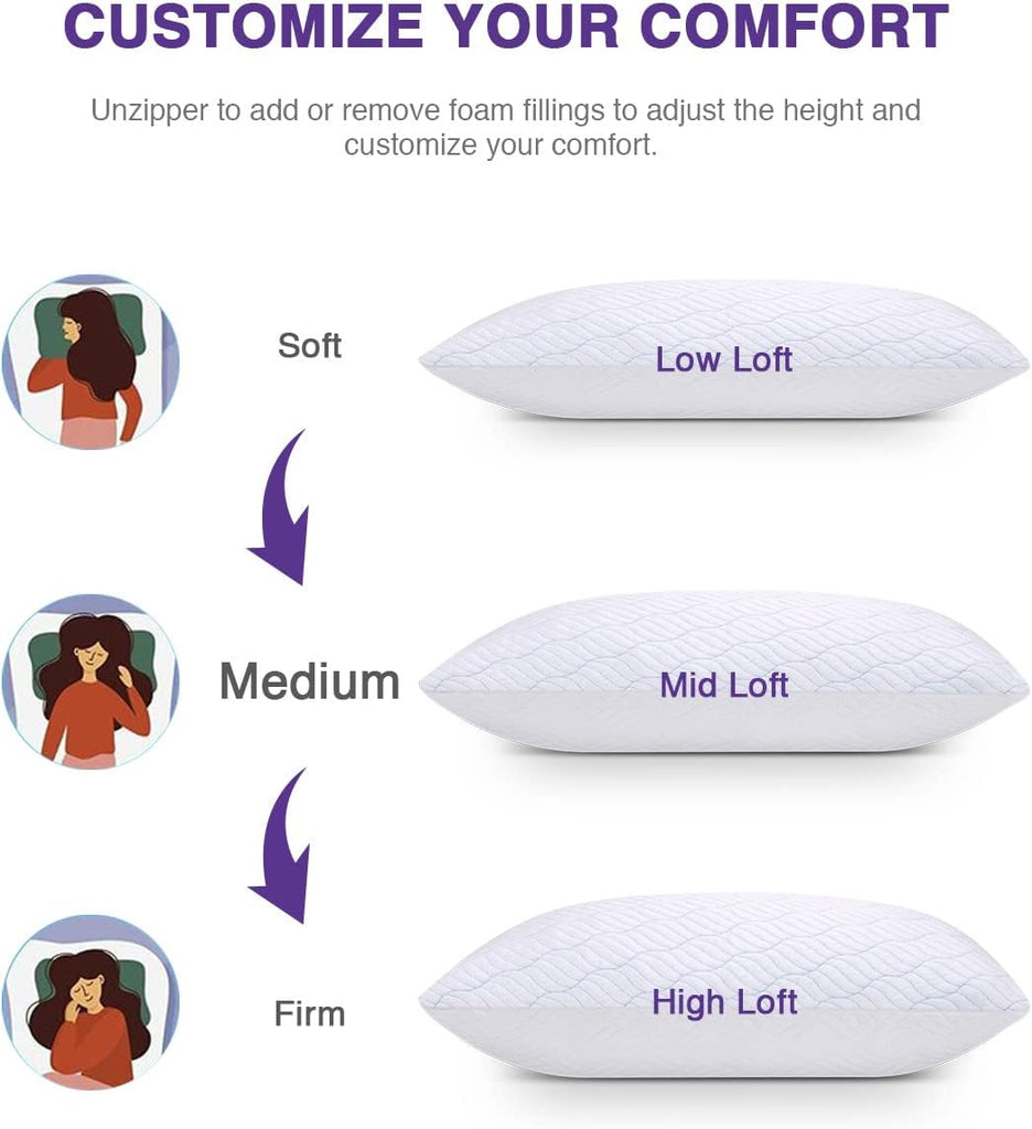 Cooling Shredded Memory Foam Pillows King Size 2 Pack | Neck comfort, firm support, odorless, cooling, customizable