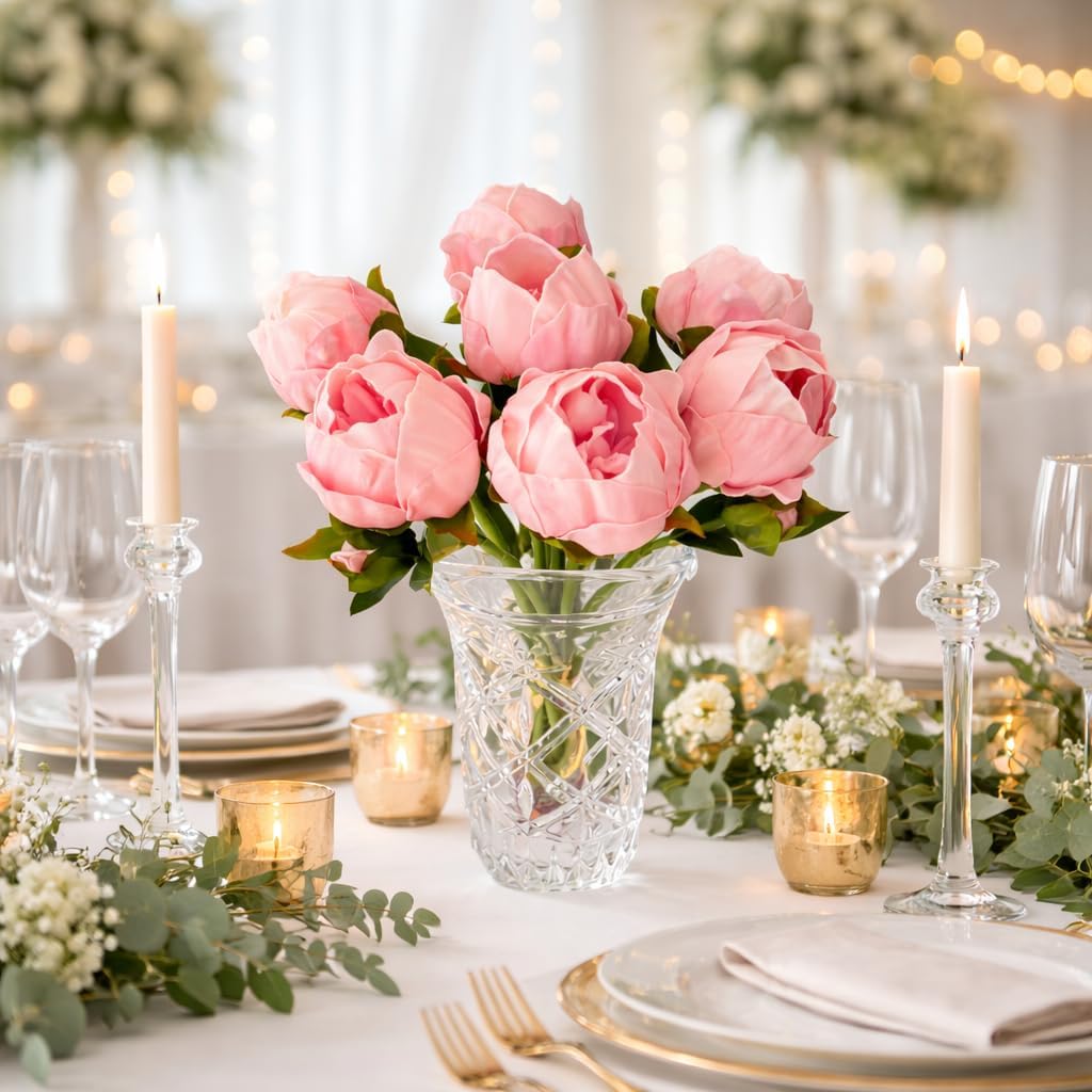 Artificial Peony Flowers 14 Inch Blush Pink Real Touch Faux Peonies (6 Flowers, 2 Buds) Decor, Table & Entryway - Set of 6