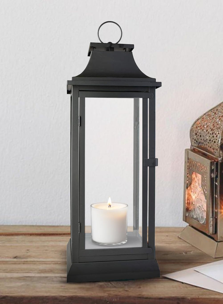 25" Tall Black Decorative Hurricane Lantern with Clear Glass Panels - Indoor Lantern and Outdoor Lantern for Porch