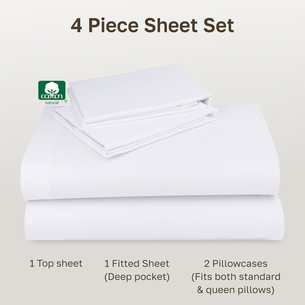 Queen Sheet Set - Natural 100% Cotton Sheets Queen Bed Set with Deep Pockets, Soft Sateen Weave, Breathable and