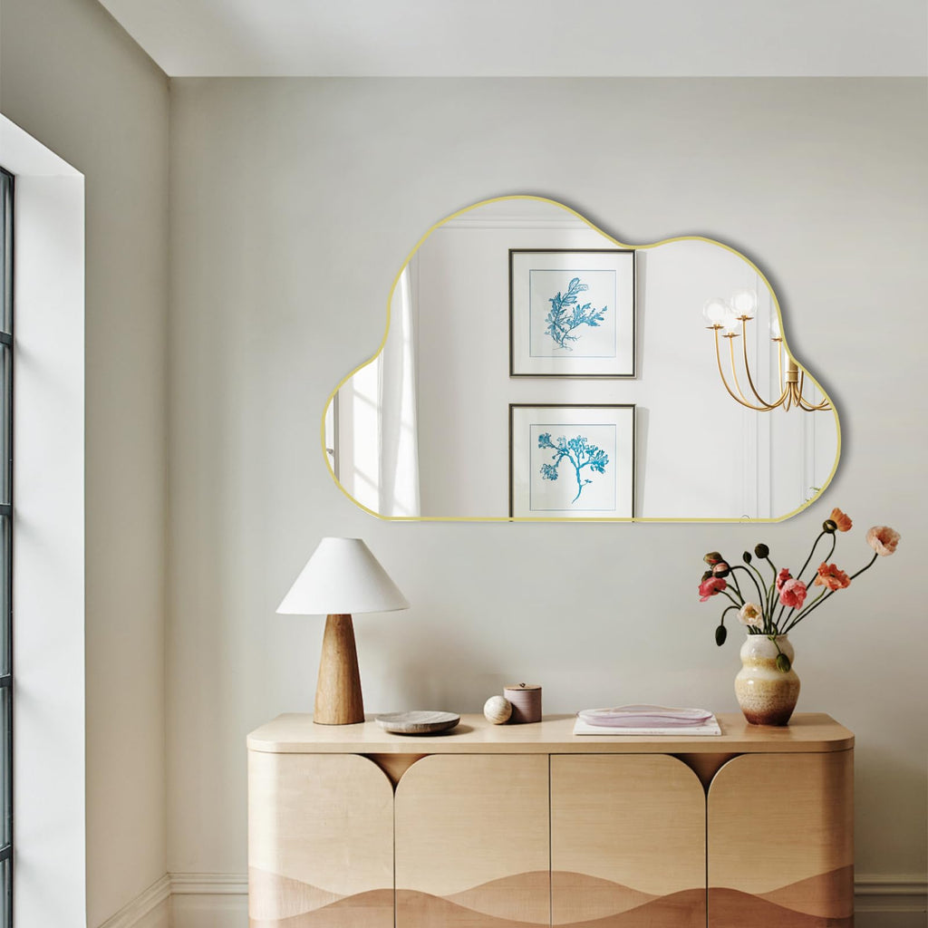 Gold Irregular Mirror, 33.5"x20.5" Cloud Shaped Mirrors, Asymmetrical Wall Mirror, Abstract Funky Frameless Mirrors