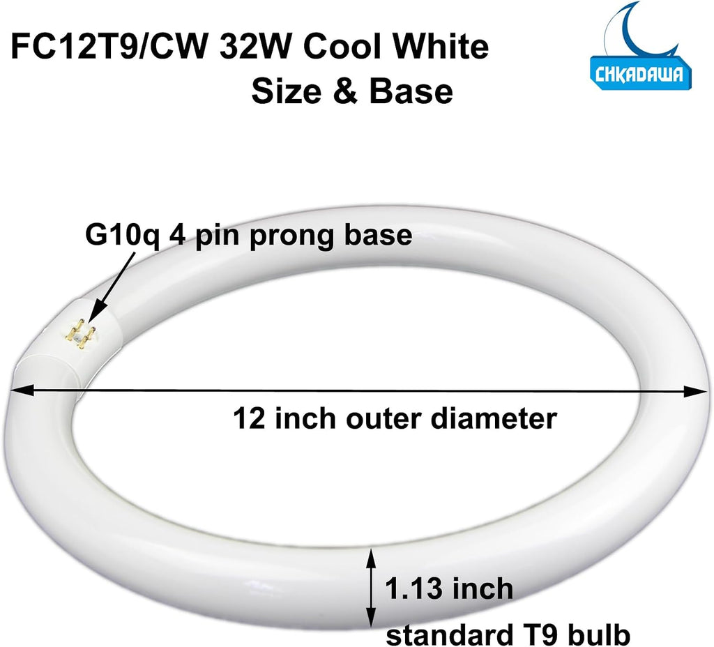 32W Cool White Round Fluorescent Light Bulb, 12 Inch T9 32 Watts Circular Bulbs, 12'' FCL 32 Circline Bulb