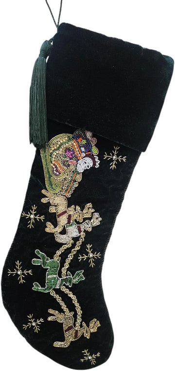 Handmade Dark Green Velvet Christmas Stocking 21"x7" - Beaded Santa & Reindeer Design | Luxury Embroidered Holiday