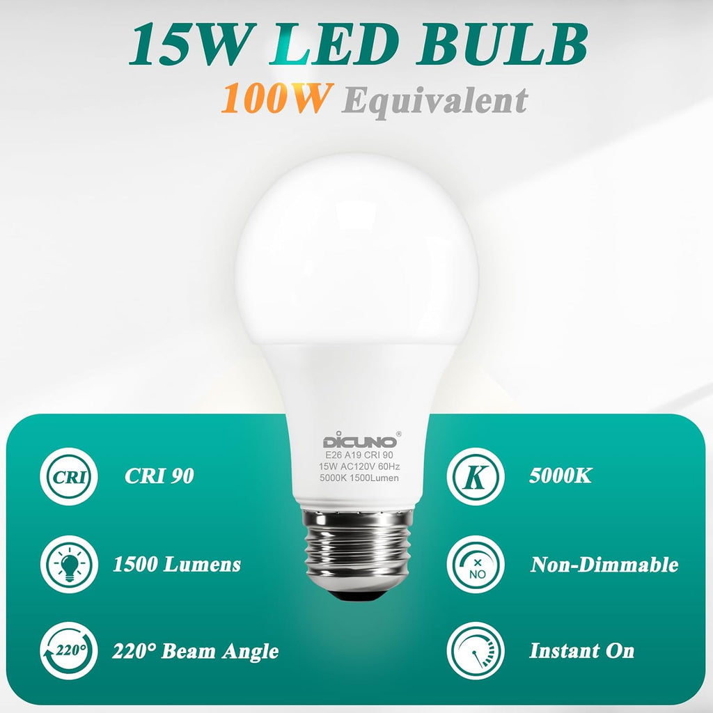 A19 LED Bulb 100W Equivalent, 1500 LM, Daylight White 5000K, 6-Pack