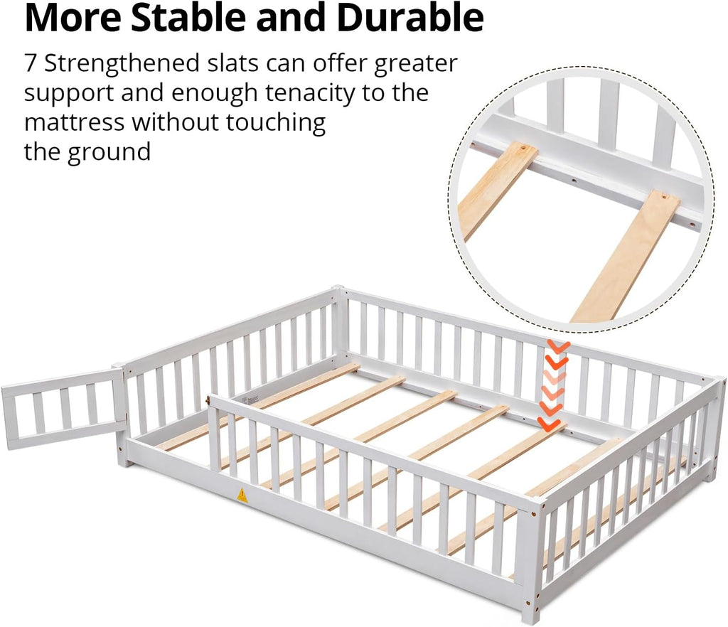 Twin Floor Bed, Durable Montessori Floor Bed with Wood Slats, Safety Fence & Small Door, Wood Floor Bed Frame for