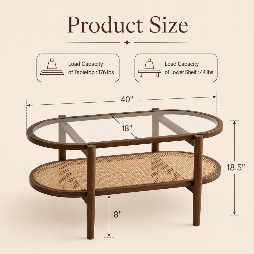 Rattan Coffee Table, 2-Tier Oval Modern Center Table with Tempered Glass Top, Acacia Wood Frame & PE Woven Shelf