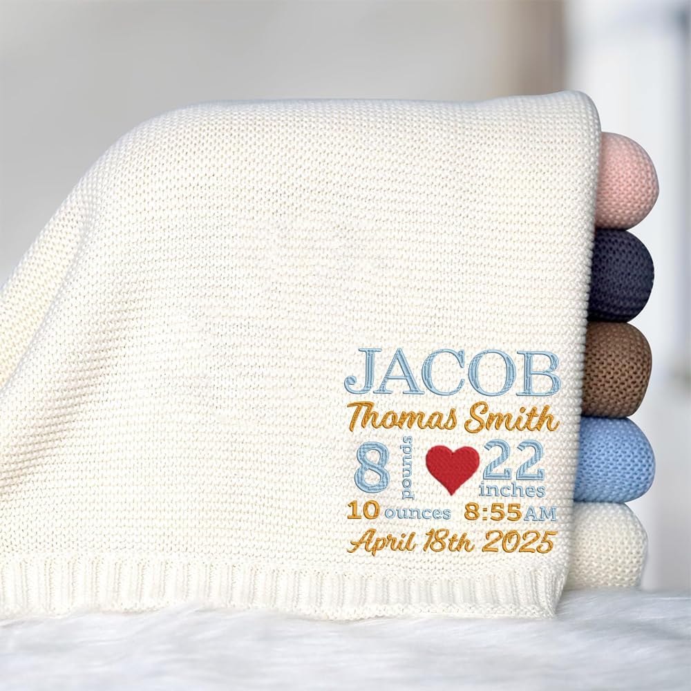 Luxury Personalized Baby Blanket with Birth Stats Embroidered, Custom Name, Date, Weight, Length, Soft Knit 100%