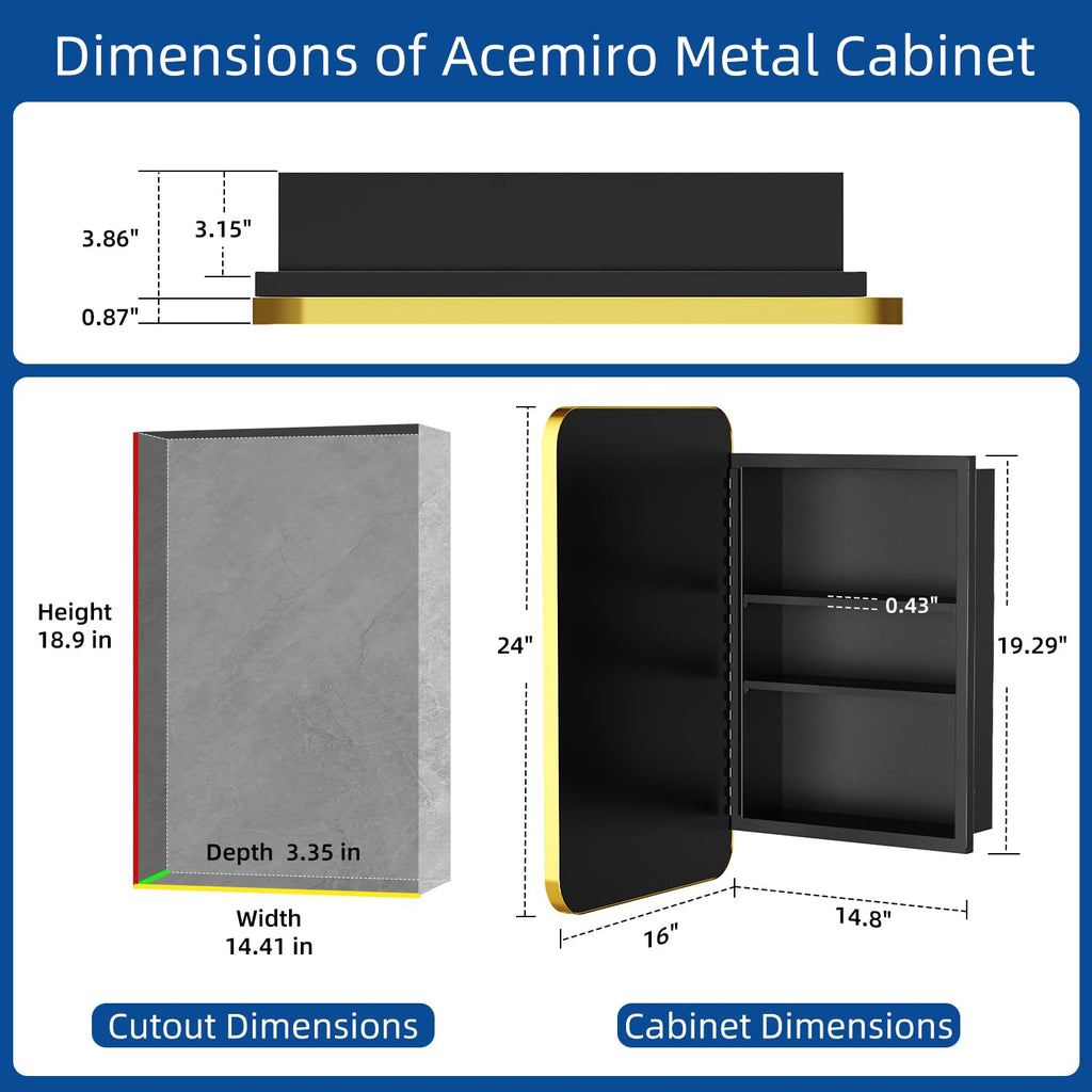16x24 Inch Mirror Medicine Cabinet Gold Metal Frame Bathroom Medicine Cabinet with Mirror Recessed or Wall Mounted