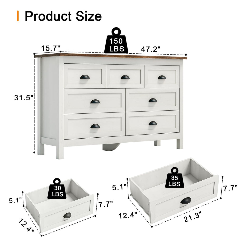 Antique White 7 Drawer Dresser, Farmhouse Wood Chest