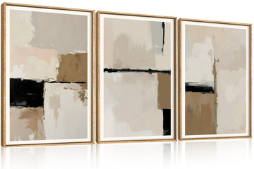 Large Modern Abstract Framed Canvas Wall Art Set, Geometric Line Black White and Beige Textured Wall decor Neutral