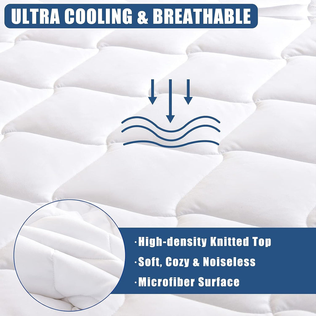 King Quilted Mattress Pad Waterproof Breathable Bed Protector Quiet Fabric Noiseless Cooling Microfiber Fitted